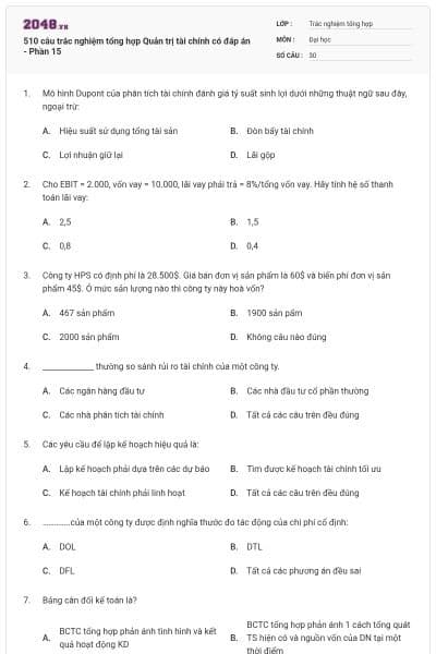 510 câu trắc nghiệm tổng hợp Quản trị tài chính có đáp án - Phần 15
