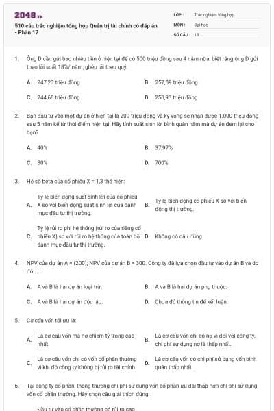 510 câu trắc nghiệm tổng hợp Quản trị tài chính có đáp án - Phần 17