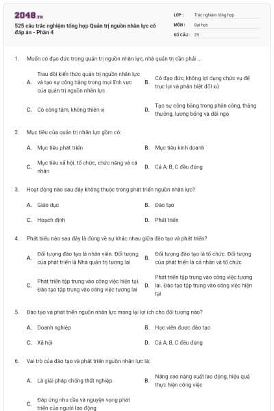 525 câu trắc nghiệm tổng hợp Quản trị nguồn nhân lực có đáp án - Phần 4