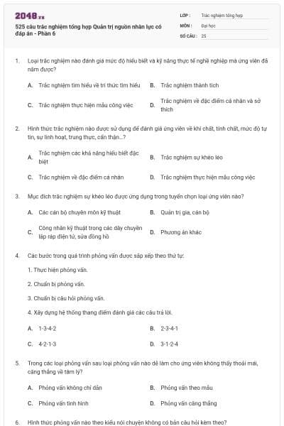 525 câu trắc nghiệm tổng hợp Quản trị nguồn nhân lực có đáp án - Phần 6