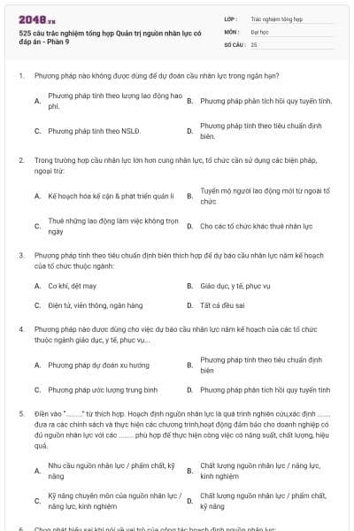 525 câu trắc nghiệm tổng hợp Quản trị nguồn nhân lực có đáp án - Phần 9