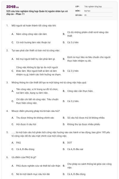 525 câu trắc nghiệm tổng hợp Quản trị nguồn nhân lực có đáp án - Phần 11