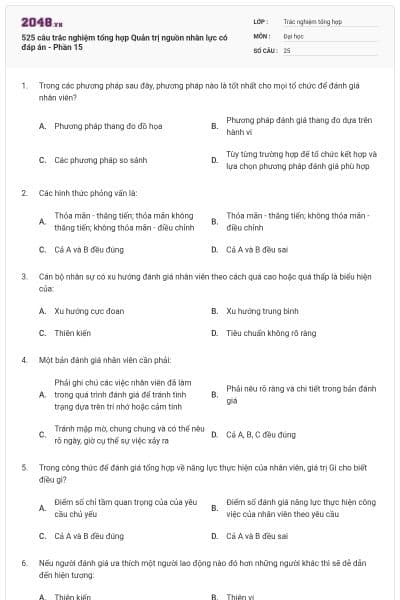 525 câu trắc nghiệm tổng hợp Quản trị nguồn nhân lực có đáp án - Phần 15