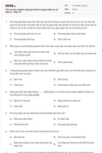 525 câu trắc nghiệm tổng hợp Quản trị nguồn nhân lực có đáp án - Phần 16