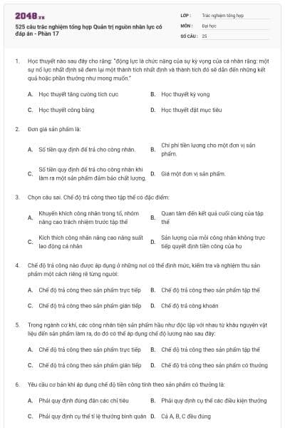 525 câu trắc nghiệm tổng hợp Quản trị nguồn nhân lực có đáp án - Phần 17