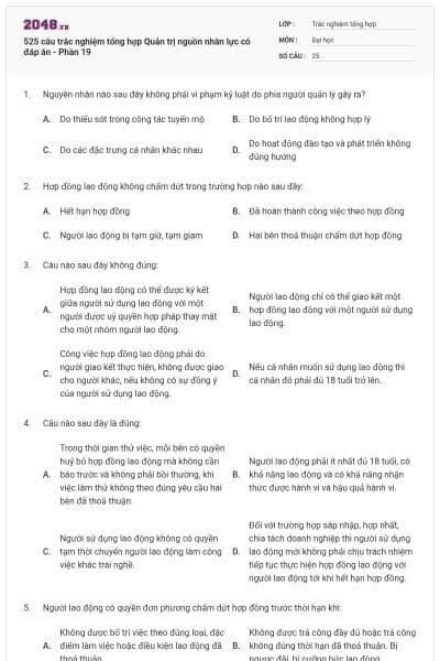 525 câu trắc nghiệm tổng hợp Quản trị nguồn nhân lực có đáp án - Phần 19