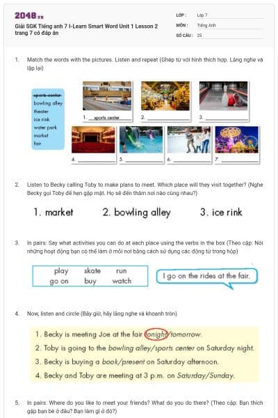 Giải SGK Tiếng anh 7 I-Learn Smart Word Unit 1 Lesson 2 trang 7 có đáp án