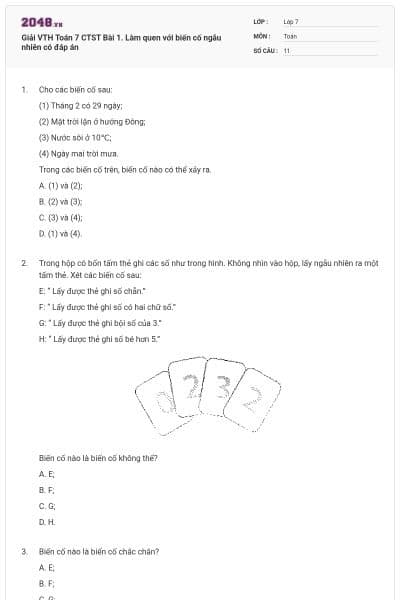 Giải VTH Toán 7 CTST Bài 1. Làm quen với biến cố ngẫu nhiên có đáp án