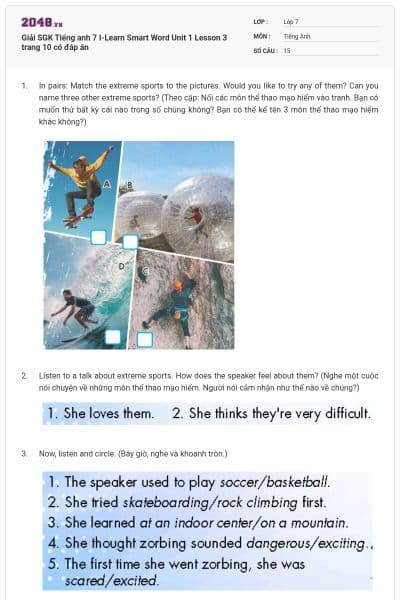 Giải SGK Tiếng anh 7 I-Learn Smart Word Unit 1 Lesson 3 trang 10 có đáp án