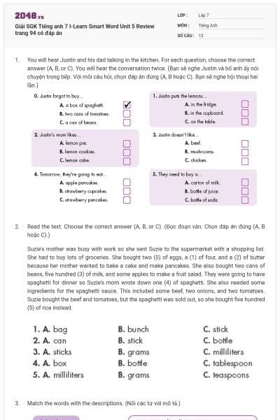 Giải SGK Tiếng anh 7 I-Learn Smart Word Unit 5 Review trang 94 có đáp án