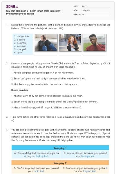 Giải SGK Tiếng anh 7 I-Learn Smart Word Semester 1 Project trang 98 có đáp án