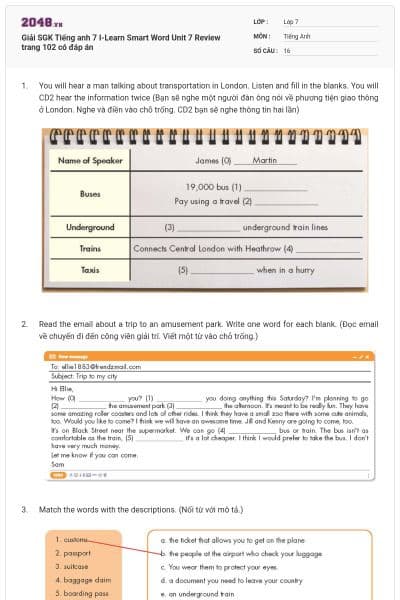 Giải SGK Tiếng anh 7 I-Learn Smart Word Unit 7 Review trang 102 có đáp án