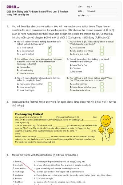 Giải SGK Tiếng anh 7 I-Learn Smart Word Unit 8 Review trang 104 có đáp án