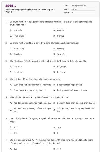 540 câu trắc nghiệm tổng hợp Toán rời rạc có đáp án - Phần 8