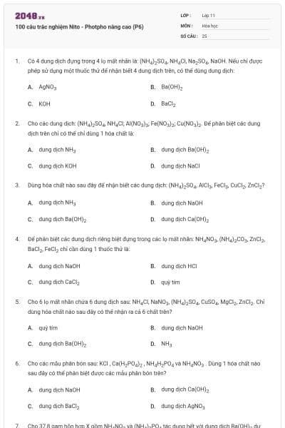 100 câu trắc nghiệm Nito - Photpho nâng cao (P6)