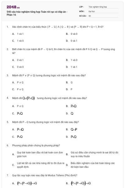 540 câu trắc nghiệm tổng hợp Toán rời rạc có đáp án - Phần 16