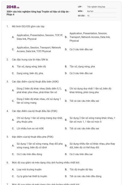 300+ câu trắc nghiệm tổng hợp Truyền số liệu có đáp án - Phần 4