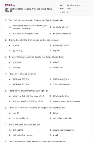 300+ câu trắc nghiệm tổng hợp Truyền số liệu có đáp án - Phần 11