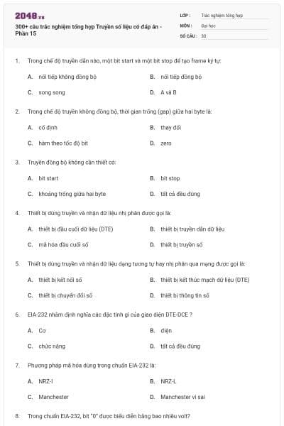 300+ câu trắc nghiệm tổng hợp Truyền số liệu có đáp án - Phần 15