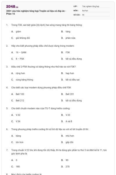 300+ câu trắc nghiệm tổng hợp Truyền số liệu có đáp án - Phần 16