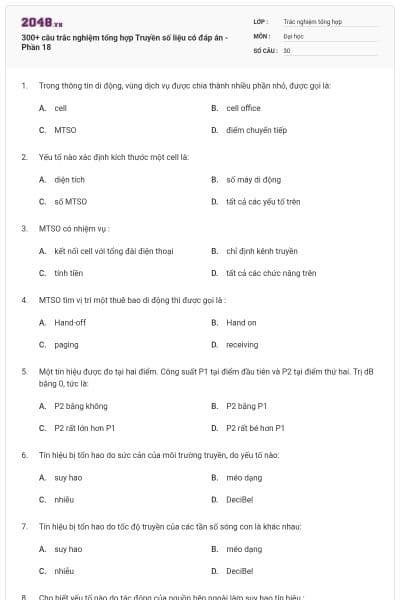 300+ câu trắc nghiệm tổng hợp Truyền số liệu có đáp án - Phần 18
