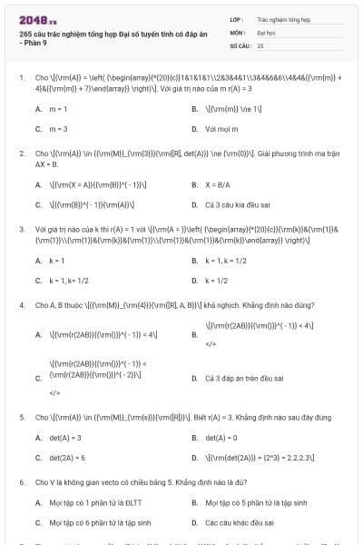 265 câu trắc nghiệm tổng hợp Đại số tuyến tính có đáp án - Phần 9