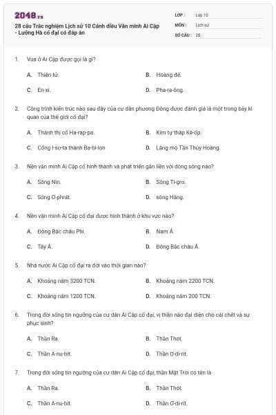 28 câu Trắc nghiệm Lịch sử 10 Cánh diều Văn minh Ai Cập - Lưỡng Hà cổ đại có đáp án