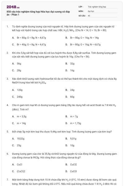 850 câu trắc nghiệm tổng hợp Hóa học đại cương có đáp án - Phần 1