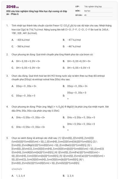 850 câu trắc nghiệm tổng hợp Hóa học đại cương có đáp án - Phần 6