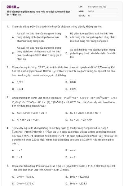 850 câu trắc nghiệm tổng hợp Hóa học đại cương có đáp án - Phần 18