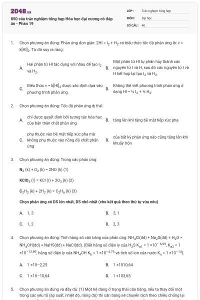 850 câu trắc nghiệm tổng hợp Hóa học đại cương có đáp án - Phần 19