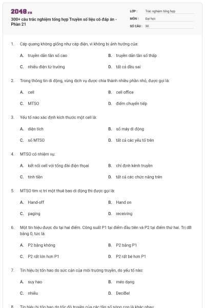 300+ câu trắc nghiệm tổng hợp Truyền số liệu có đáp án - Phần 21