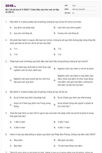 Bộ 2 đề thi học kì 2 GDCD 7 Cánh diều cấu trúc mới có đáp án (Đề 2)