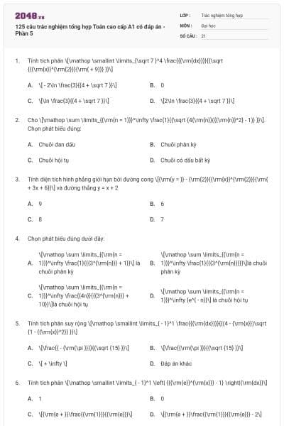 125 câu trắc nghiệm tổng hợp Toán cao cấp A1 có đáp án - Phần 5