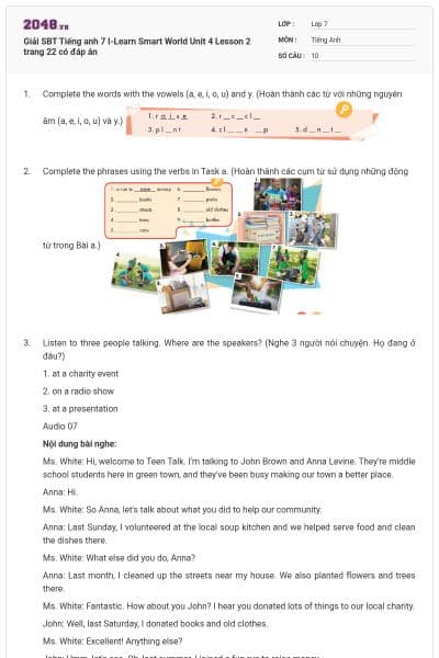 Giải SBT Tiếng anh 7 I-Learn Smart World Unit 4 Lesson 2 trang 22 có đáp án