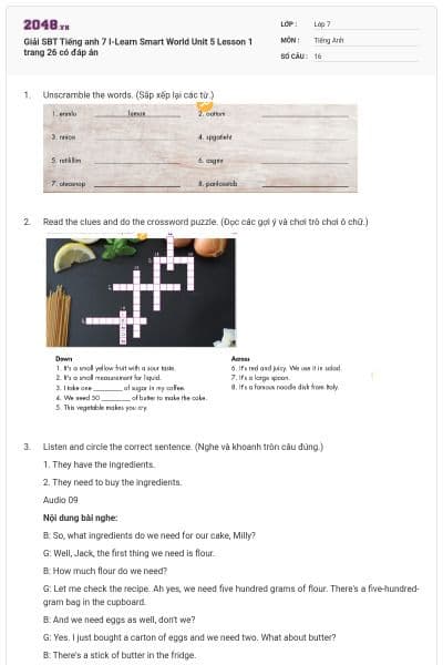 Giải SBT Tiếng anh 7 I-Learn Smart World Unit 5 Lesson 1 trang 26 có đáp án