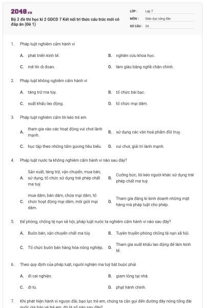 Bộ 2 đề thi học kì 2 GDCD 7 Kết nối tri thức cấu trúc mới có đáp án (Đề 1)