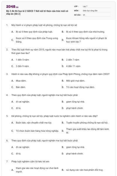 Bộ 2 đề thi học kì 2 GDCD 7 Kết nối tri thức cấu trúc mới có đáp án (Đề 2)