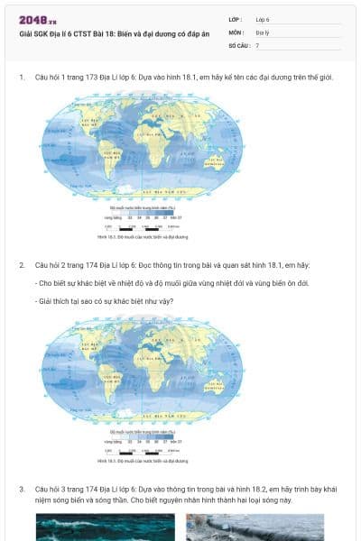 Giải SGK Địa lí 6 CTST Bài 18: Biến và đại dương có đáp án