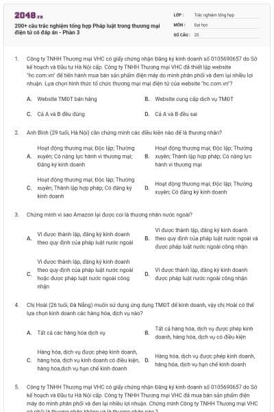 200+ câu trắc nghiệm tổng hợp Pháp luật trong thương mại điện tử có đáp án - Phần 3