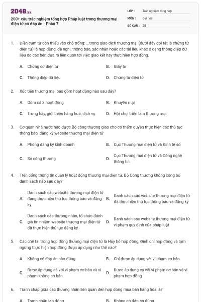 200+ câu trắc nghiệm tổng hợp Pháp luật trong thương mại điện tử có đáp án - Phần 7