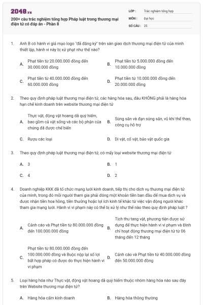 200+ câu trắc nghiệm tổng hợp Pháp luật trong thương mại điện tử có đáp án - Phần 8