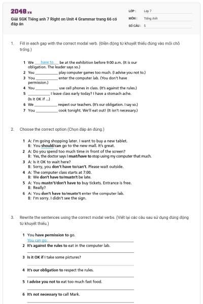 Giải SGK Tiếng anh 7 Right on Unit 4 Grammar trang 66 có đáp án