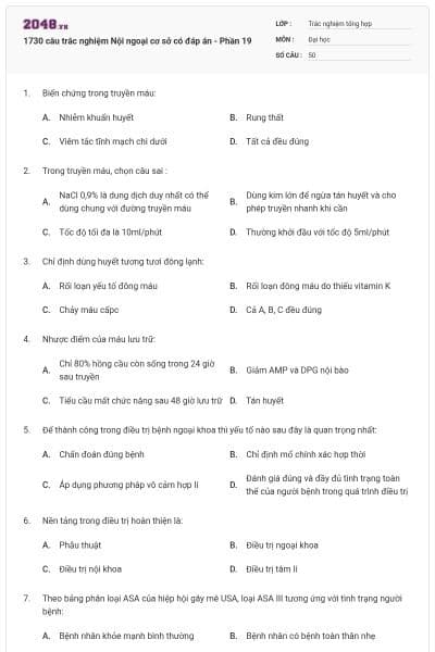 1730 câu trắc nghiệm Nội ngoại cơ sở có đáp án - Phần 19