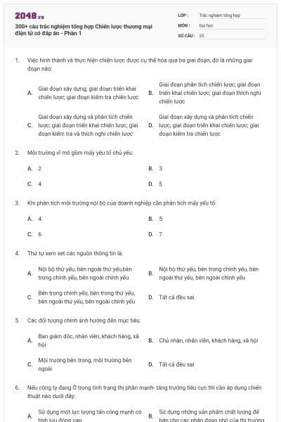 300+ câu trắc nghiệm tổng hợp Chiến lược thương mại điện tử có đáp án - Phần 1