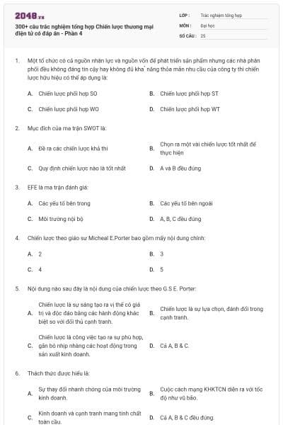 300+ câu trắc nghiệm tổng hợp Chiến lược thương mại điện tử có đáp án - Phần 4