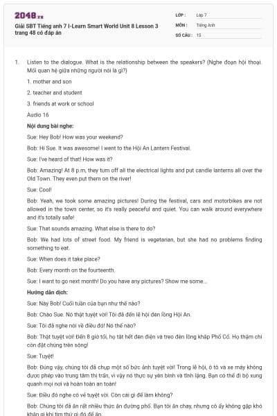 Giải SBT Tiếng anh 7 I-Learn Smart World Unit 8 Lesson 3 trang 48 có đáp án