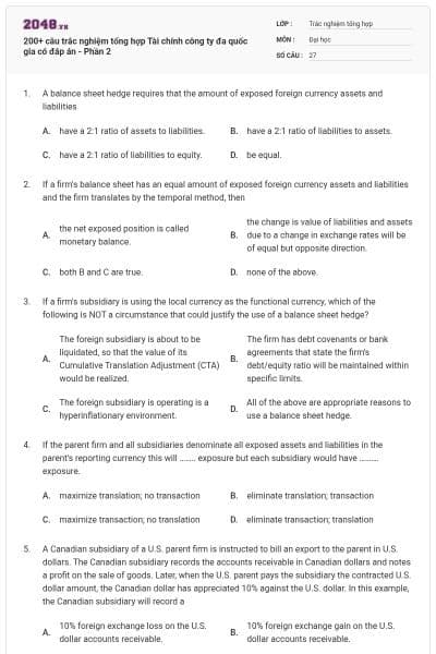 200+ câu trắc nghiệm tổng hợp Tài chính công ty đa quốc gia có đáp án - Phần 2