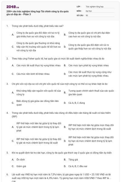 200+ câu trắc nghiệm tổng hợp Tài chính công ty đa quốc gia có đáp án - Phần 3