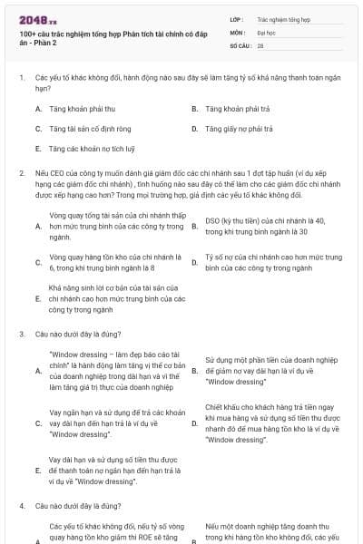 100+ câu trắc nghiệm tổng hợp Phân tích tài chính có đáp án - Phần 2